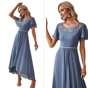 NWT Ever Pretty Hi Lo Chiffon Midi Dress sz L Illusion Lace Top Rhinestone Blue